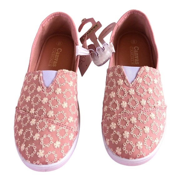 west loop Shoes - West Loop Pink/White Flower Canvas Stripe Sz 8 Women's Slip On Memory Foam Shoes